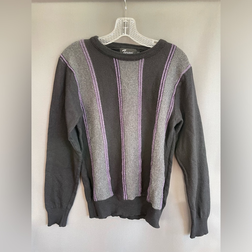 Tosani vintage 90s merino wool black, purple and grey striped crewneck sweater